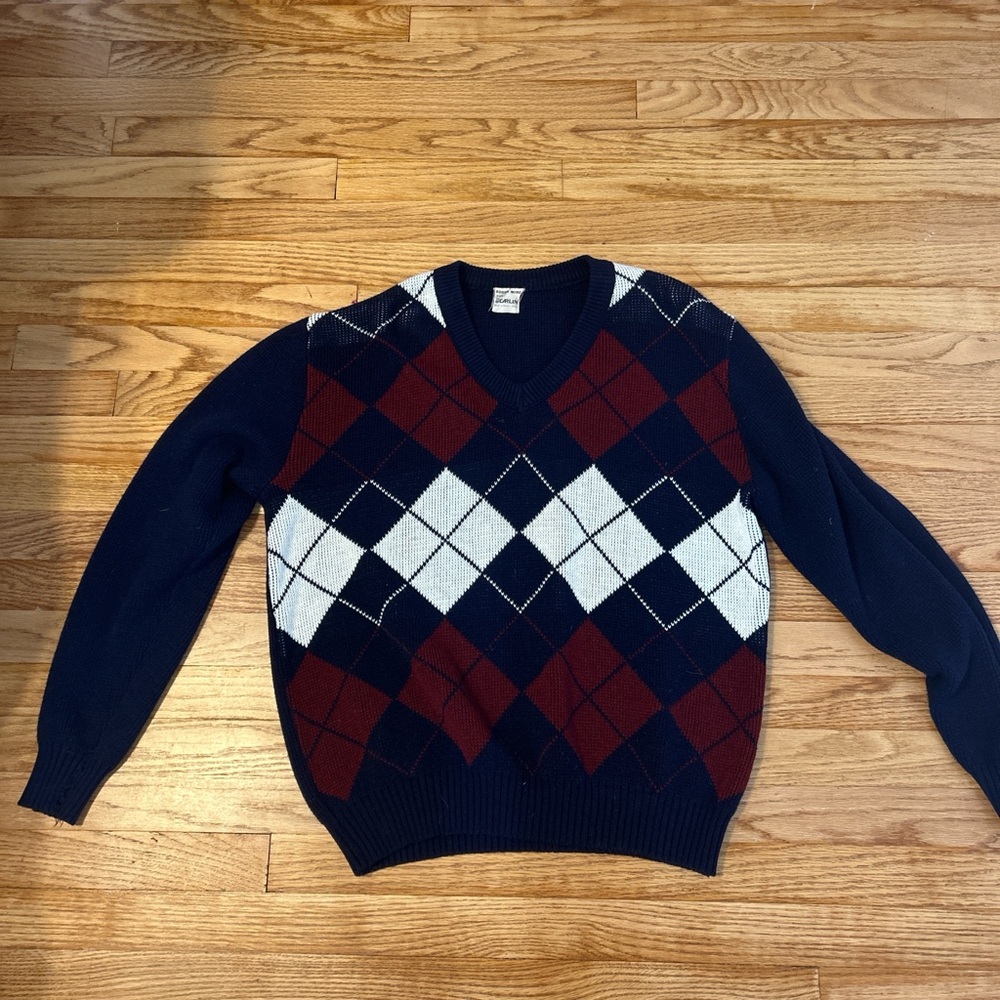 Navy blue and red argyle sweater